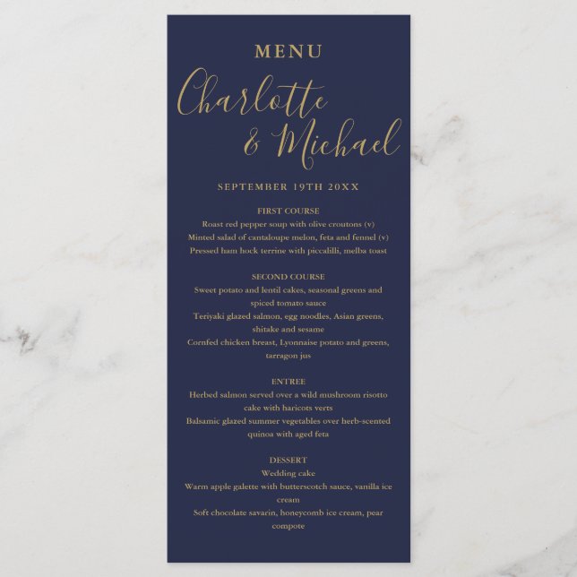 Navy Blue And Gold Signature Wedding Dinner Menu (Front)