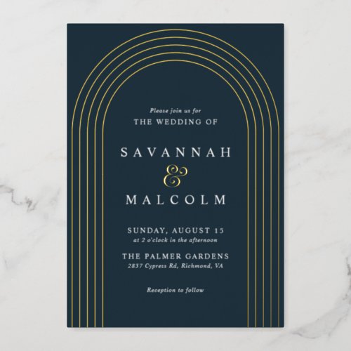 Navy Blue and Gold  Simple Modern Arch Wedding Foil Invitation