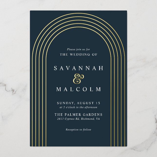 Navy Blue and Gold | Simple Modern Arch Wedding Foil Invitation (Front)
