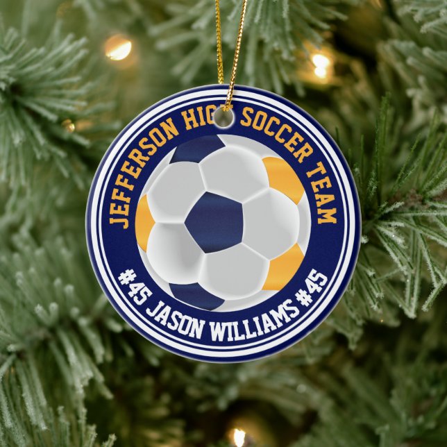 Navy Blue and Gold Soccer ⚽  Ceramic Ornament (Tree)