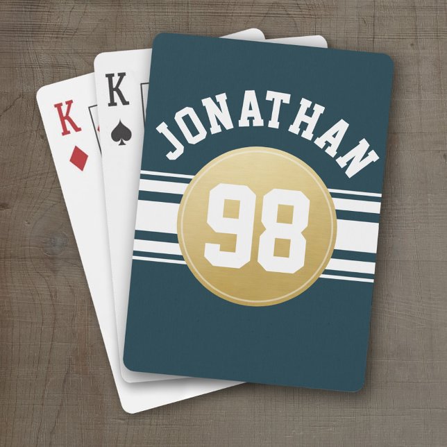 Navy Blue and Gold Sports Jersey Stripes Name Poker Cards (Personalized Playing Cards - Sports Jersey Design)