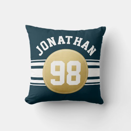 Navy Blue and Gold Sports Jersey Stripes Name Throw Pillow
