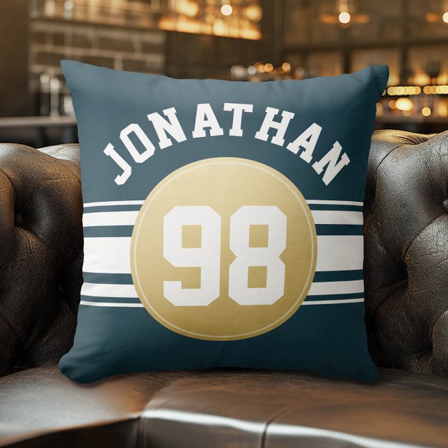 Navy Blue and Gold Sports Jersey Stripes Name Throw Pillow (Custom Pillow)