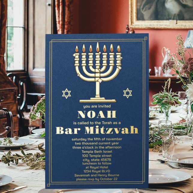 Navy Blue and Gold Star of David Bar Mitzvah Foil Invitation (Creator Uploaded)