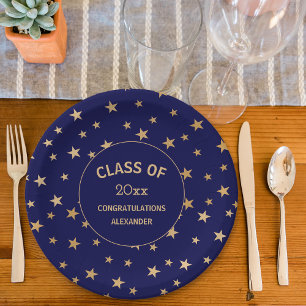 Navy blue and Gold Stars graduation party Paper Plates