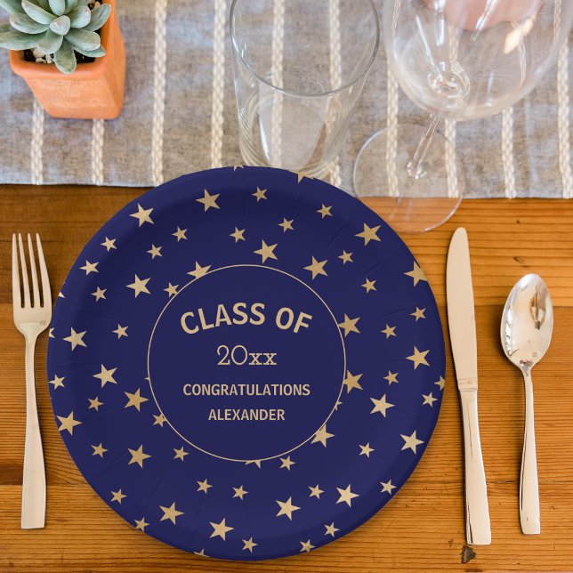 Navy blue and Gold Stars graduation party Paper Plates (Creator Uploaded)