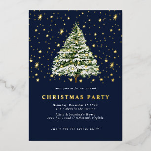 Navy Blue and Gold Stars   Modern Christmas Party Foil Invitation