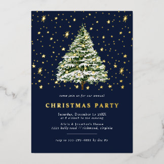 Navy Blue and Gold Stars | Modern Christmas Party Foil Invitation