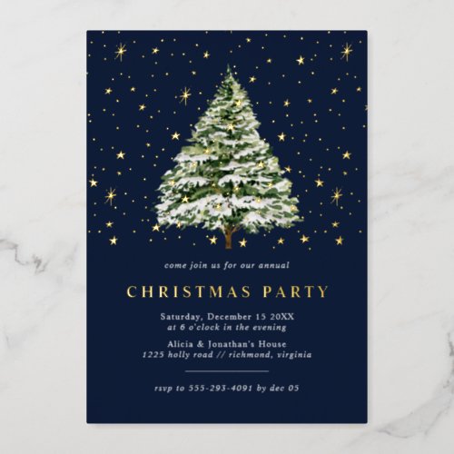 Navy Blue and Gold Stars  Modern Christmas Party Foil Invitation