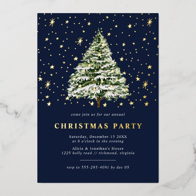 Navy Blue and Gold Stars | Modern Christmas Party Foil Invitation (Front)