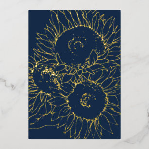 Navy blue and gold sunflowers wedding foil invitation