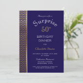 Navy Blue and Gold Surprise 50th Birthday Dinner Invitation (Standing Front)