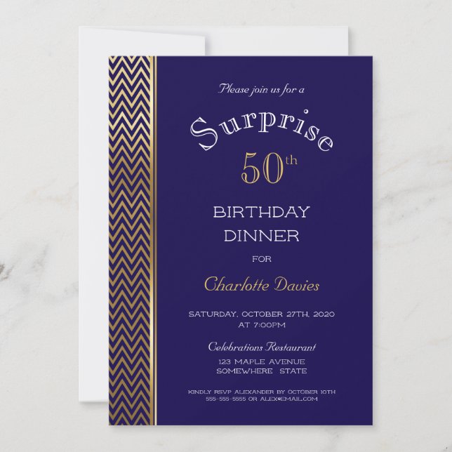 Navy Blue and Gold Surprise 50th Birthday Dinner Invitation (Front)