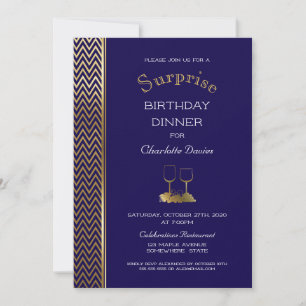 Navy Blue and Gold Surprise Birthday Dinner Invitation