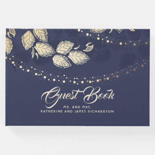 Navy Blue and Gold Tree and Lights Wedding Guest Book - Gold tree leaves and string of lights elegant navy blue wedding guest books