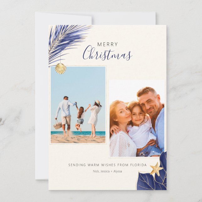 Navy Blue and Gold Tropical 2-Photo Christmas Holiday Card (Front)