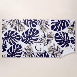 Navy blue and gold tropical leaves and monogram beach towel