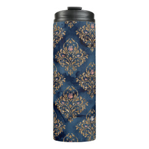 Navy Blue and Gold Vintage Damask Pattern Thermal Tumbler