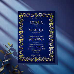 Navy blue and gold vintage floral border wedding invitation