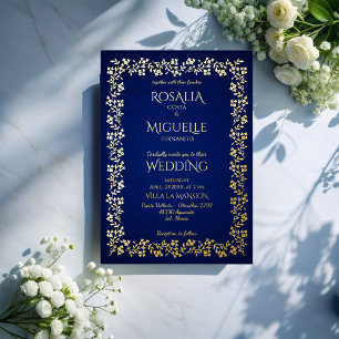 Navy blue and gold vintage floral elegant wedding  foil invitation