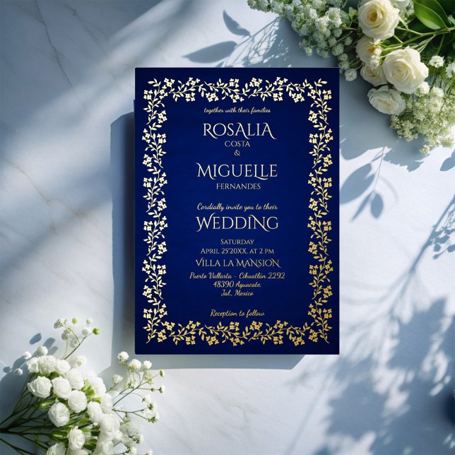 Navy blue and gold vintage floral elegant wedding  foil invitation (Navy blue and gold vintage floral border luxury elegant wedding foil invitation cards)
