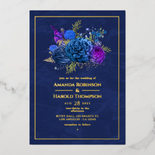 Navy Blue and Gold Vintage Floral Wedding Foil In Foil Invitation