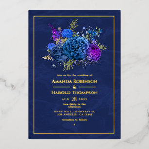 Navy Blue and Gold Vintage Floral Wedding Foil In Invitation