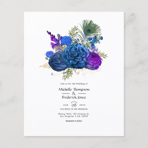 Navy Blue and Gold Vintage Peacock Floral Wedding Flyer