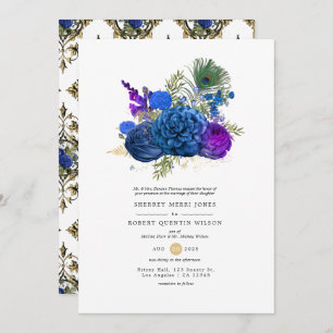 Navy Blue and Gold Vintage Peacock Floral Wedding Invitation