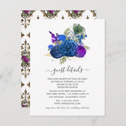 Navy Blue and Gold Vintage Peacock Guest Details Enclosure Card