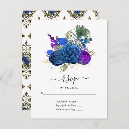 Navy Blue and Gold Vintage Peacock RSVP Card