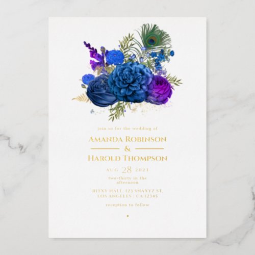 Navy Blue and Gold Vintage Peacock Wedding Foil In Foil Invitation