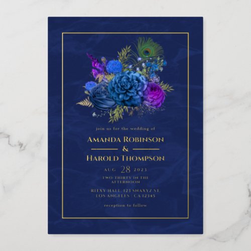 Navy Blue and Gold Vintage Peacock Wedding Foil Invitation