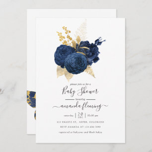 Navy Blue and Gold Vintage Rose Baby Shower Invitation