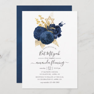 Navy Blue and Gold Vintage Rose Bat Mitzvah Invitation