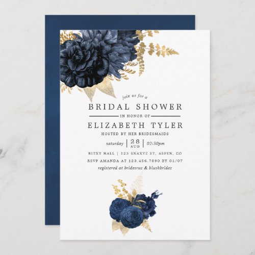 Navy Blue and Gold Vintage Rose Bridal Shower Invitation