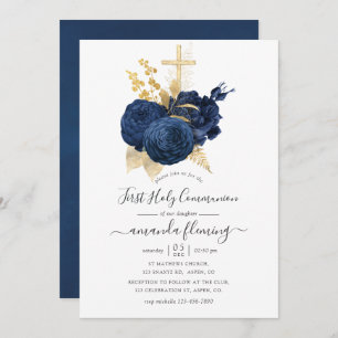 Navy Blue and Gold Vintage Rose Holy Communion Invitation