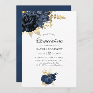 Navy Blue and Gold Vintage Rose Quinceañera Invitation