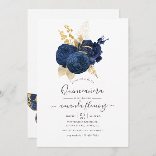 Navy Blue and Gold Vintage Rose Quinceaera Invitation