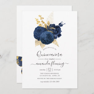 Navy Blue and Gold Vintage Rose Quinceañera Invitation