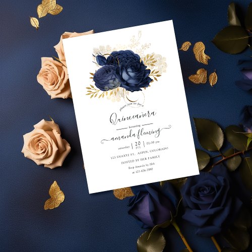 Navy Blue and Gold Vintage Rose Quinceaera Invitation