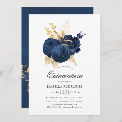 Navy Blue and Gold Vintage Rose Quinceaera Invitation