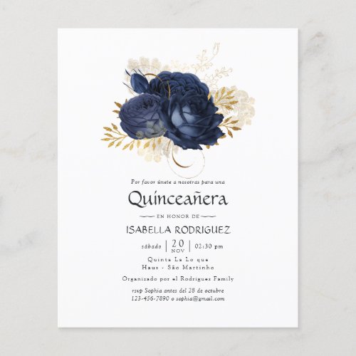 Navy Blue and Gold Vintage Rose Quinceaera Invite Flyer