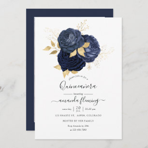 Navy Blue and Gold Vintage Rose Quinceañera Photo Invitation