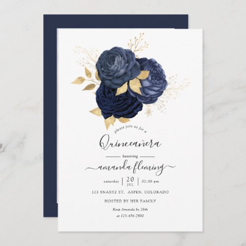 Navy Blue and Gold Vintage Rose Quinceaera Photo Invitation