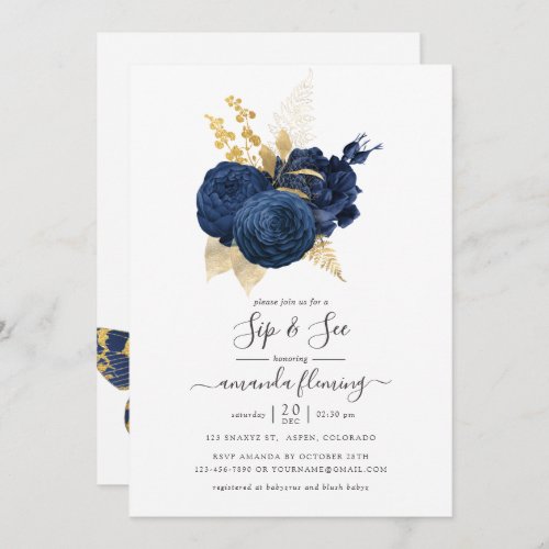 Navy Blue and Gold Vintage Rose Sip and See Invitation