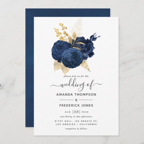 Navy Blue and Gold Vintage Rose Wedding Invitation