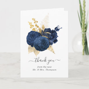Navy Blue and Gold Vintage Rose Wedding Photo Thank You Card
