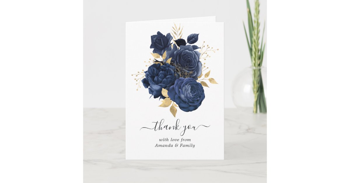 Navy Blue and Gold Vintage Roses Photo Thank You Card | Zazzle