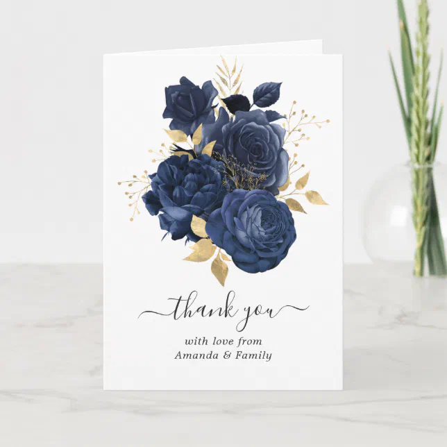 Navy Blue and Gold Vintage Roses Photo Thank You Card | Zazzle